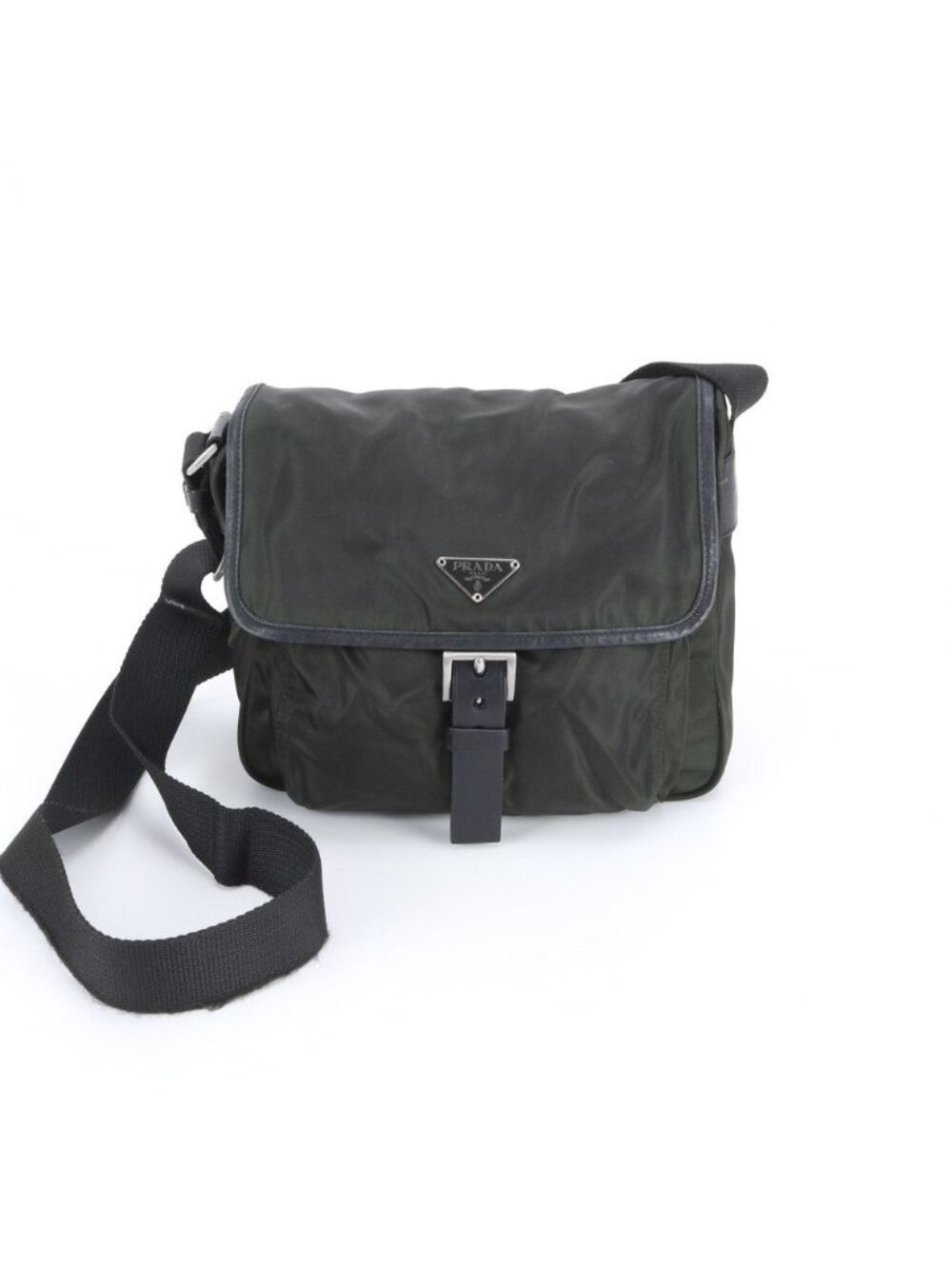 Prada Tessuto Nylon Triangle Logo Khaki Leather Shoulder Bag Crossbody Messenger
